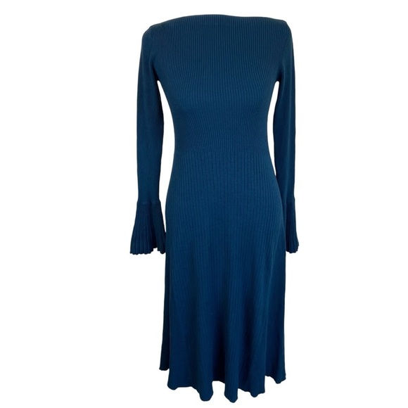Oasis UK Ribbed Knit Flutter Sleeve Midi Dress A-line Teal Feminine Twee Fairy - Picture 1 of 15